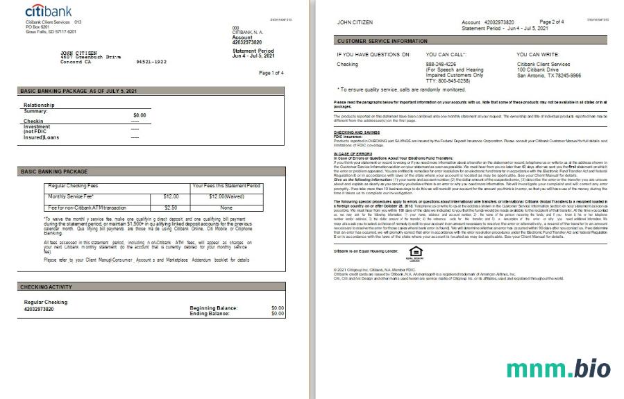 USA Citibank oświadczenie słowo i PDF przykład, wersja 3